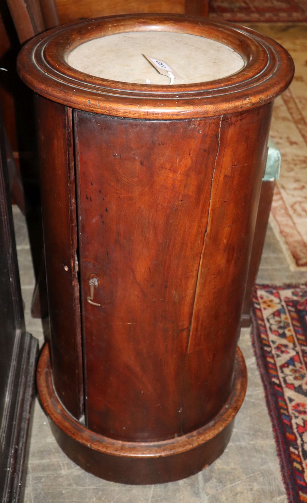 A Victorian cylindrical marble top pot cupboard, diameter 37cm, H.70cm